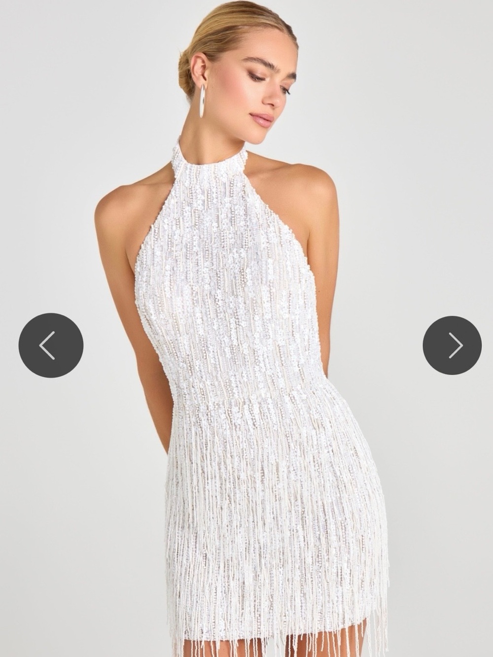 NADINE MERABI White Beaded Fringe Halter Mini Dress